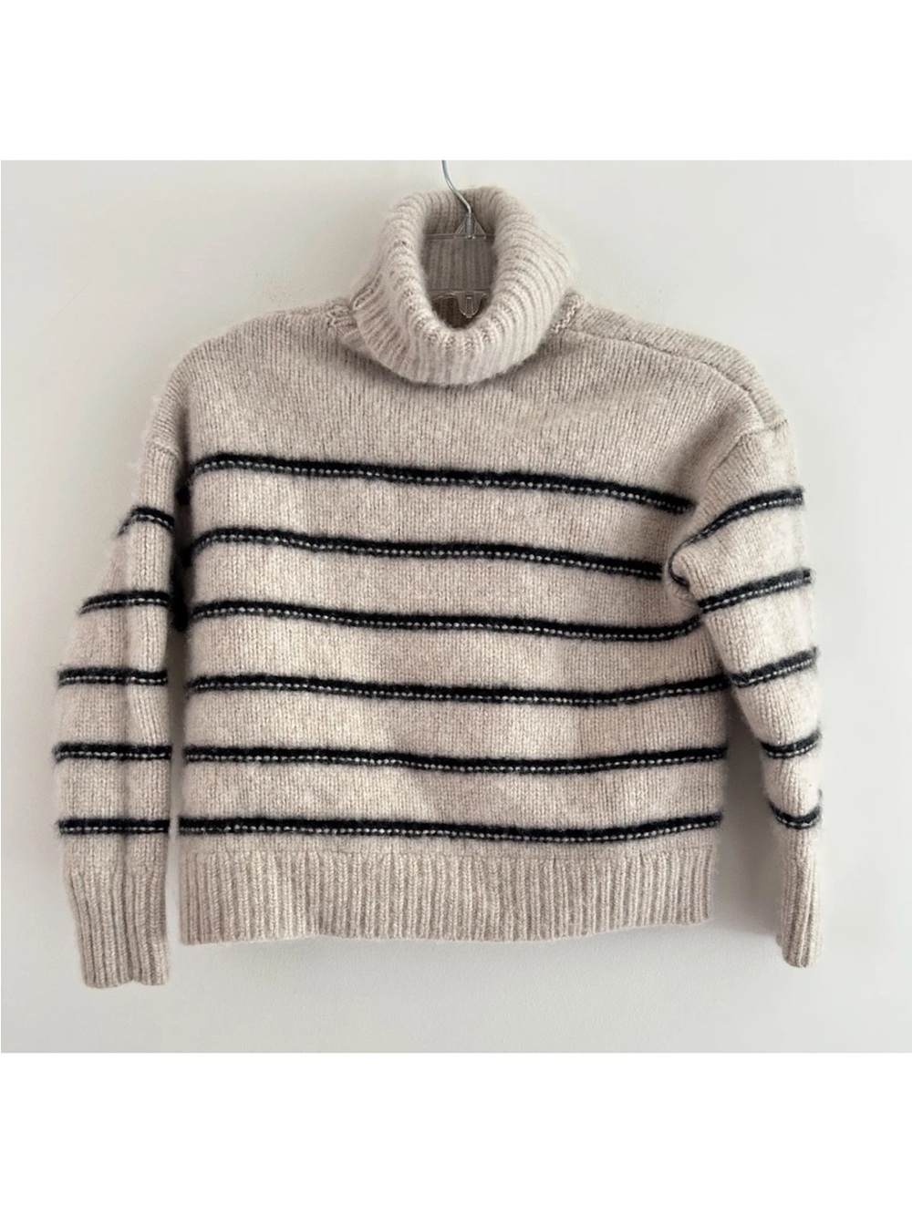 Garnet Hill | Recycled Cashmere Turtleneck Sweater Size S Brown Rib Trim